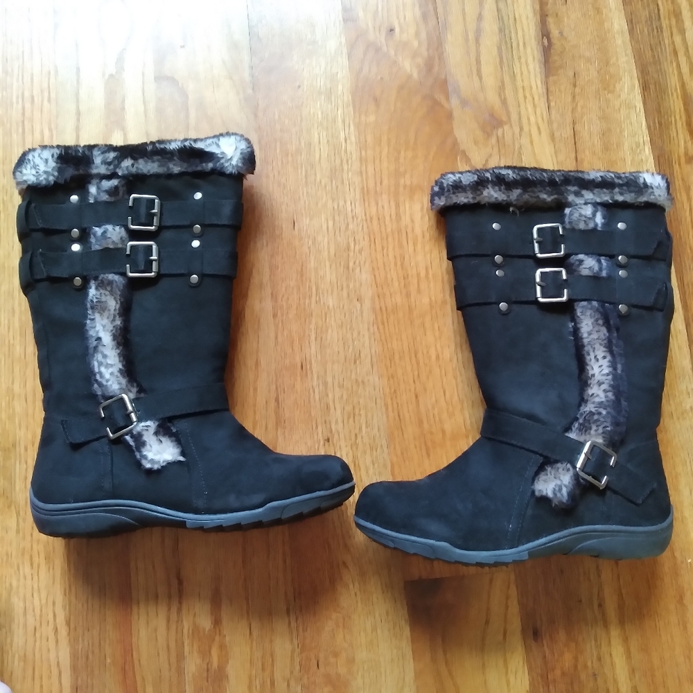 Girls 2M Black Fur Boots Cheetah Print Buckle Zipper